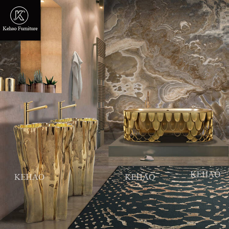 Italy Luxury Golden Stainless Steel Wash Basin Modern Design Column Basin Master Bathroom with Eden Freestand Sink for Apartment