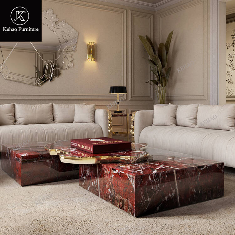 Designer Luxury White Marble Coffee Table with Gold Metal Trim High End Villa Living Room Irregular Stone Center Table