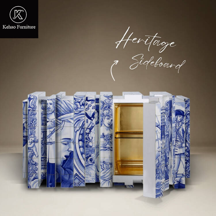 Luxury Solid Wood Sideboard Cabinet Hand Painted Chinese Blue White Porcelain Console Storage Handmade Entrance Table