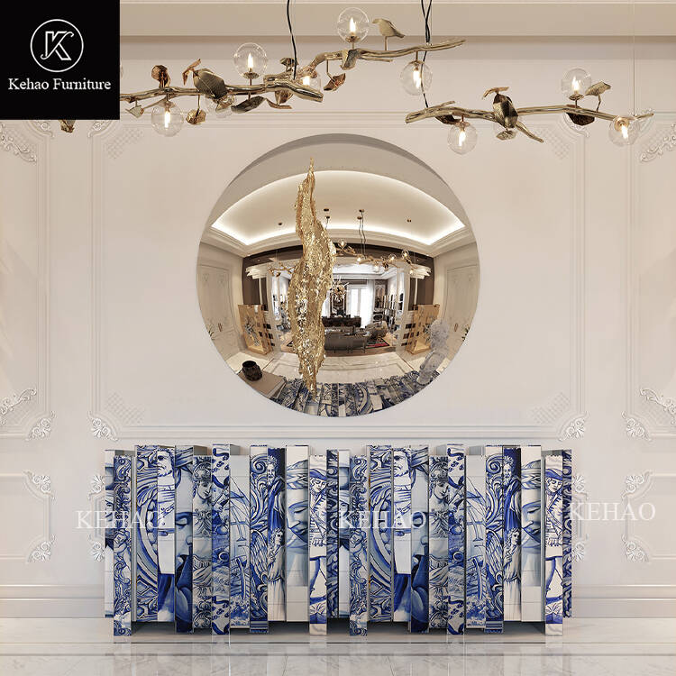 Luxury Solid Wood Sideboard Cabinet Hand Painted Chinese Blue White Porcelain Console Storage Handmade Entrance Table
