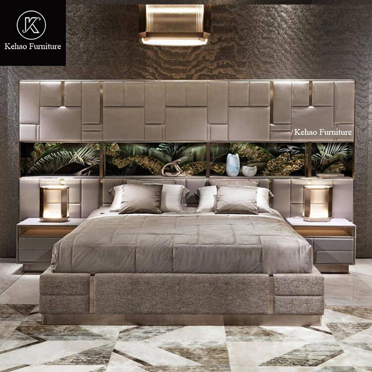 Luxury Bedroom Furniture High End Leather Double Bed Big Headboard Luxury King Size Bed