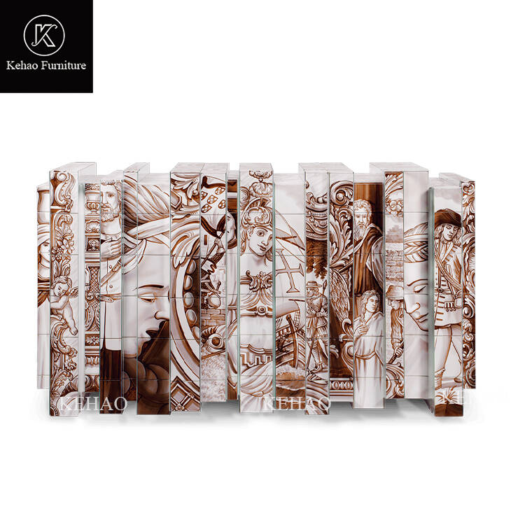 Luxury Solid Wood Sideboard Cabinet Hand Painted Chinese Blue White Porcelain Console Storage Handmade Entrance Table